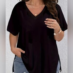 NWT Plus Size Solid Simple Slit V Neck T-Shirt, Women's Plus Size Clothing 1X